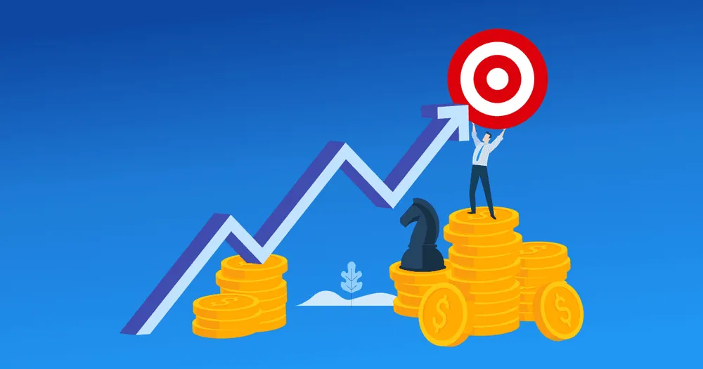 Eine Anlagestrategie hilft, die persönlichen Finanzziele zu erreichen. Chart mit Geldstapel: Anlagestrategien sind essenziell für den Vermögensaufbau.