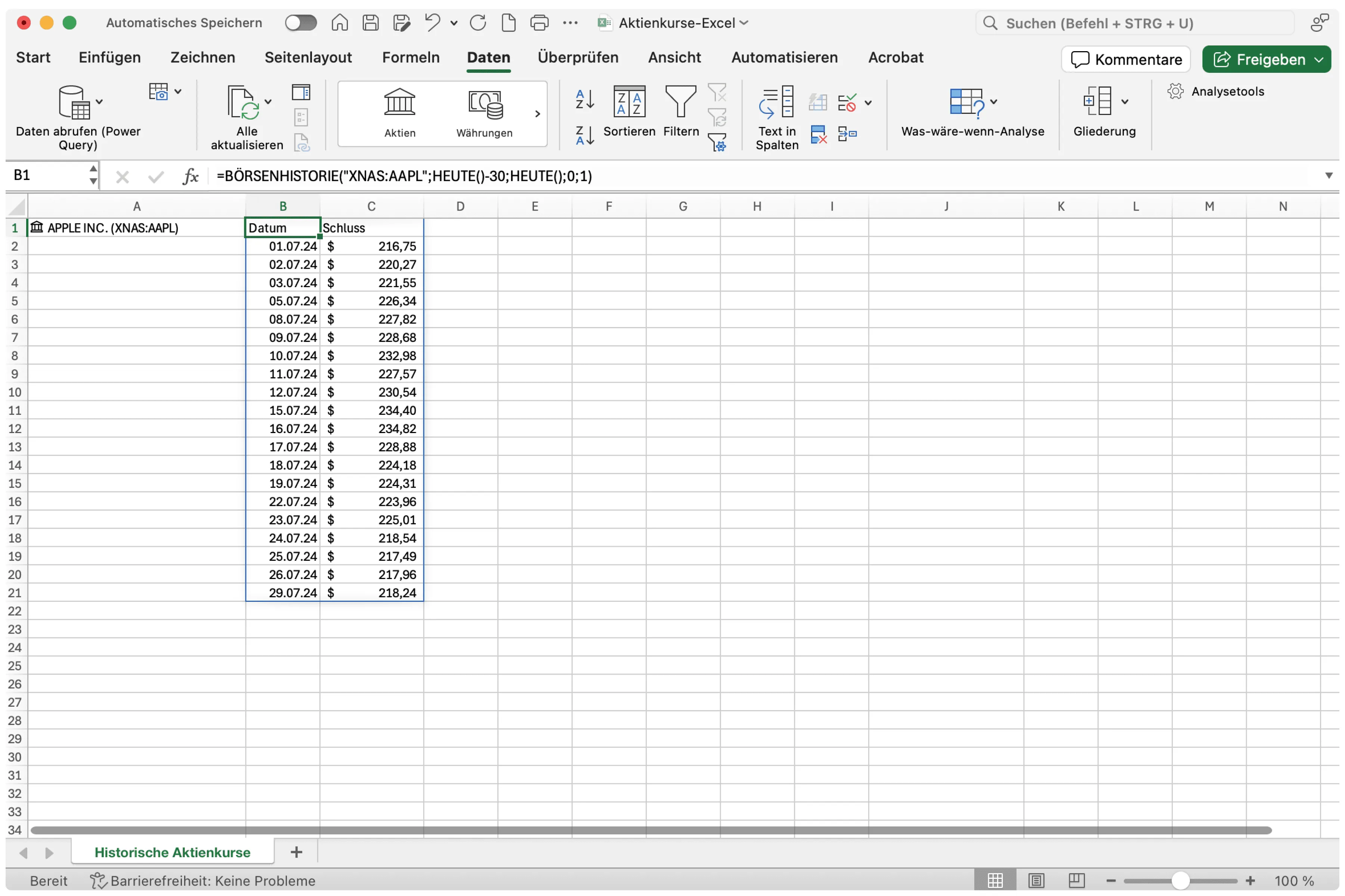 Historische Kurse in Excel einfügen