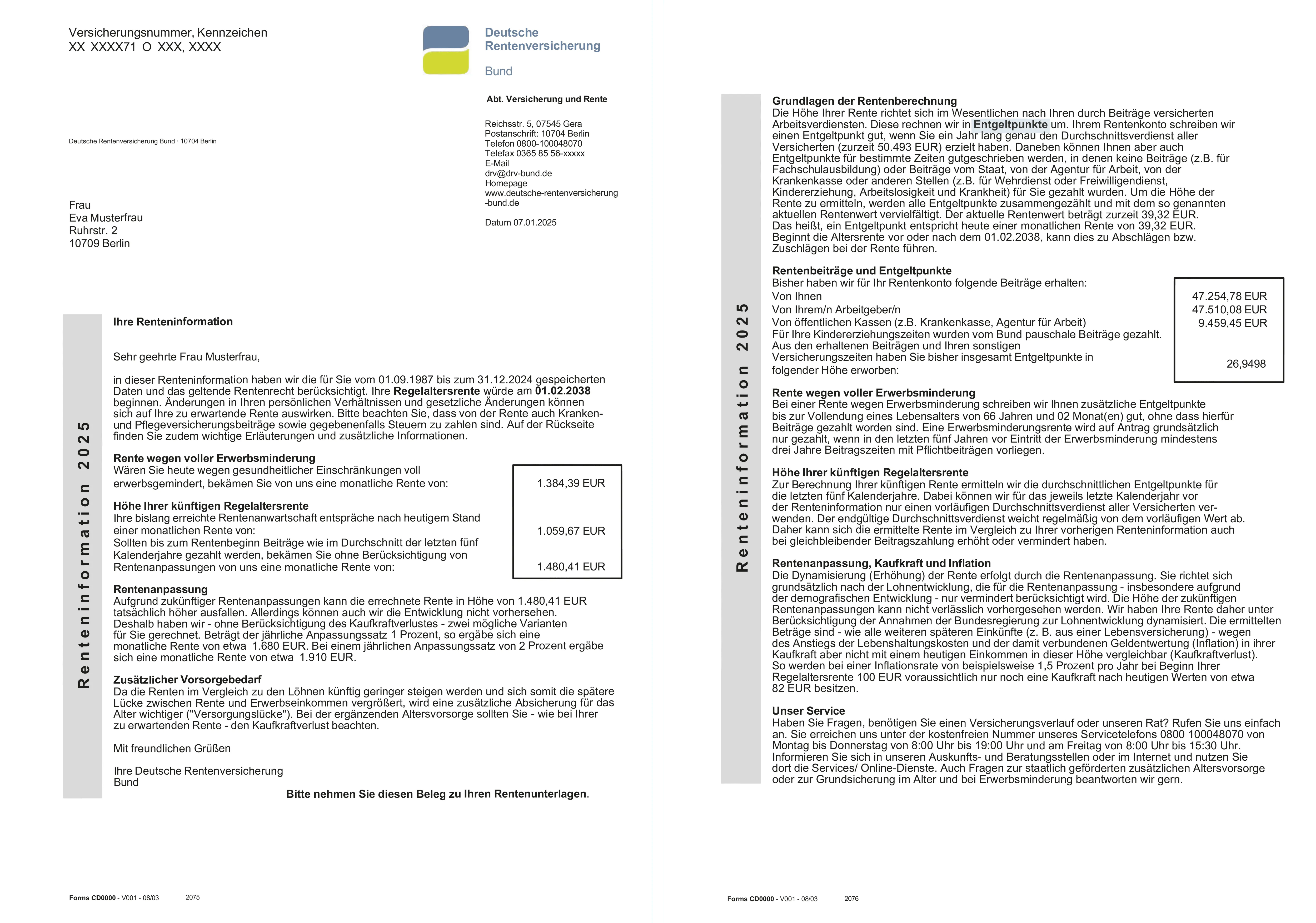 Darstellung der Renteninformation Seite 1 und 2