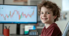Kind sitzt am PC und investiert in Aktien