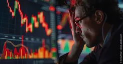 Mann schaut auf einen Monitor mit volatilen Kursen